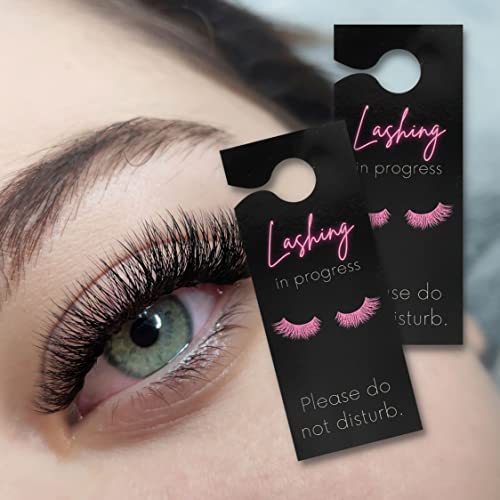 Lashing In Session Door Handle Hang Sign | 5 Pack | 3.5 X 8.5" Inches Large Door Hang Tag Size | Eyelash Extension Supplies | Lash Extension Business Supplies | Black Tag Design #TOP5