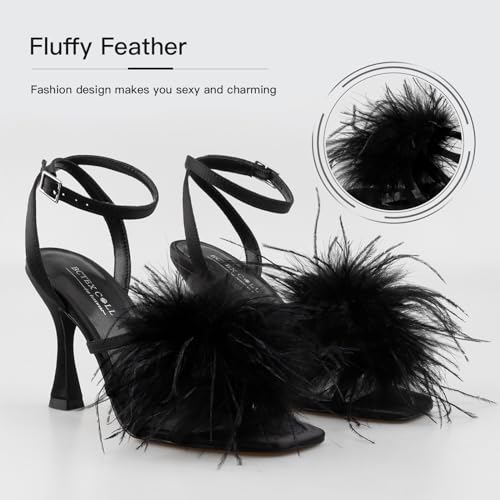 BCTEX COLL Women's Heeled Sandals Fluffy Feather Square Open Toe Ankle Strap Sexy Stiletto High Heels for Wedding Party Dance Evening3