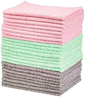 Amazon Basics Microfiber Cleaning Cloth, Non-Abrasive, Reusable and Washable, Pack of 24, Green/Gray/Pink, 16" x 12"