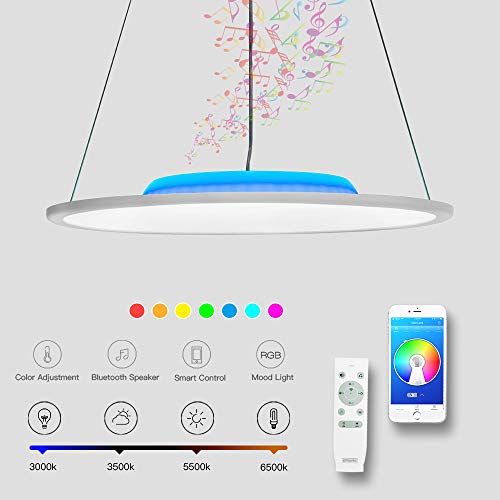 Preisvergleich Produktbild CHYSONGOODS Pendelleuchte LED Mit Bluetooth Lautsprecher App Fernbedienung Dimmbar Höhenverstellbar Rund Wie Innenbeleuchtung Zum Schlafzimmer Bad Wohnzimmer küche