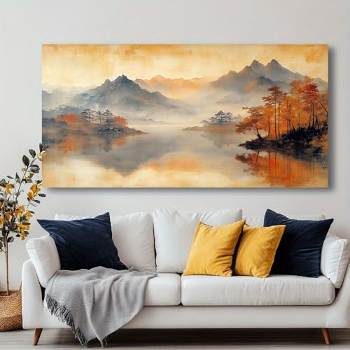 Tableau abstrait minimaliste lac brumeux d'automne 40x100 cm