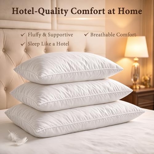 Image of BHZ Goose Down Feather Pillows Queen Size Set of 2, Hotel Collection Bed Pillows for Sleeping Medium Firm Soft Support Pillow for Side and Back Sleepers
