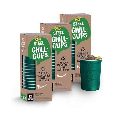 Steel Chill Cups 16 oz. Party Cups, Perfect for Cold Drinks, Sturdy & Durable, Disposable and 100% Recyclable, Made in USA, Green, 36 Count