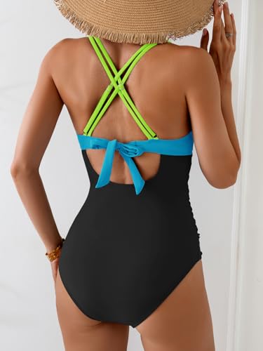 Image of Aidonger Women's One Piece Color Block Swimsuit Tummy Control Slimming Bathing Suit V Neck Cutout High Waisted Swimwear
