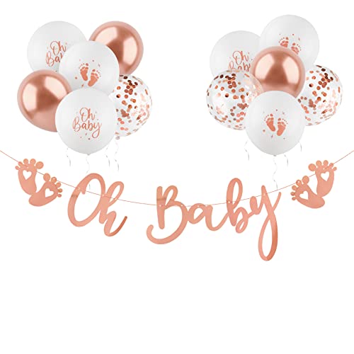 12 Ballons Or Rose Baby Shower Bannière Banderole Oh Baptême Pailleté Papier Bunting Banner Paillettes Guirlande DIY Décoration Feston Fête pour Anniversaires Naissance Fille Garçon