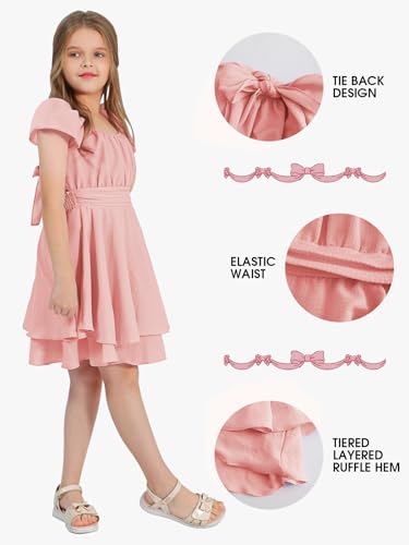 Exlura Casual Short Cap Sleeve Girls Tie Back A Line Ruffle Hem Junior Teenage Kids Short Mini Dress Size 6-15 Years Pink thumb #4