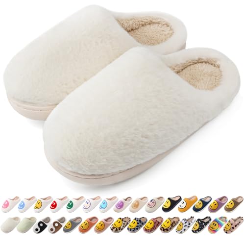 Image of Women's Men's Preppy Happy Face Slippers Comfy Warm Plush Slip-On House Slipper for Winter Indoor Soft Cushion Non-slip Fluffy Slides Slippers