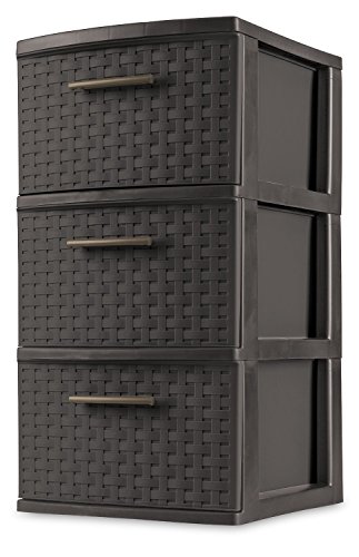 Sterilite 3 Drawer Weave Storage Tower, Plastic Decorative Drawers to Organize Clothes in Bedroom, Closet, Brown with Brown Drawers, 2-Pack