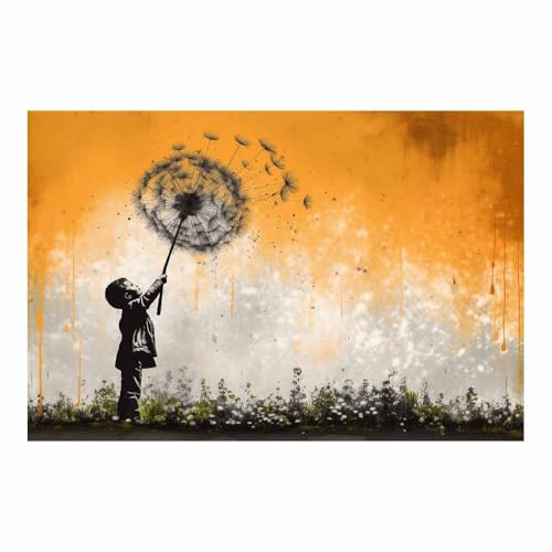 Silhouette pissenlit street art urbaine décoration murale salon orange