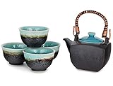 Happy Sales HSTS-TRQBLU, Japanese Porcelain Tea Set 20 fl oz Teapot with Handle and 4 Tea Cups 6 fl...