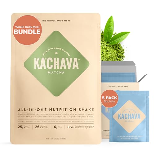 Ka’Chava Whole Body Meal Shake Bundle – Matcha 2lb Bag + Vanilla Travel Sachets (5 Servings) – Vegan Protein Powder with 85+ Superfoods – Gluten Free Plant-Based Meal Replacement