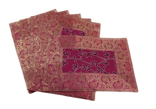 Image of Brocade Silk Placemats for Dinning Table 12 x 18 Inches Hand Embroidered, Set of 6 Decorative Placemats for Home (Pink)