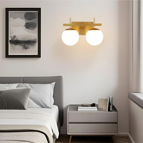 Image of Gold Vanity Light 2-Light Mid Century Modern Bathroom Vanity Light Fixture Globe with Milk White Glass Shade Wall Light Over Mirror (E12 Base)