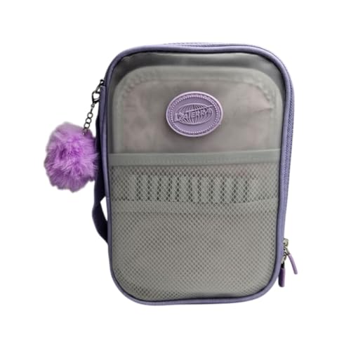 Estojo Escolar Box Grande Lilás Transparente Pompom Moderno