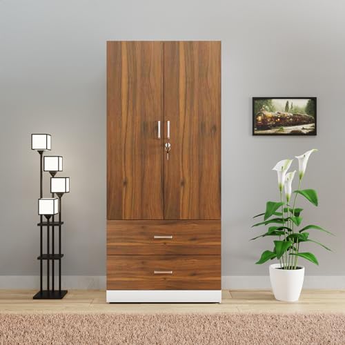 Image of VIKI Wardrobe | Wooden Almirah for Clothes,Door for Bedroom, 2 Door Wardrobe with Drawer & Hanging Space (White & Walnut - 40D x 80W x 180H) | 1 Year Warranty | Free Assembly