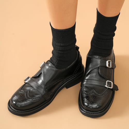 Image of BEAU TODAY Women's Leather Loafers, Wingtip Brogue Monk Strap Shoes | Genuine Leather, Round Toe, Low Heel, Metal Buckle, Non-Slip, Comfortable Business Casual Flats for Work and School