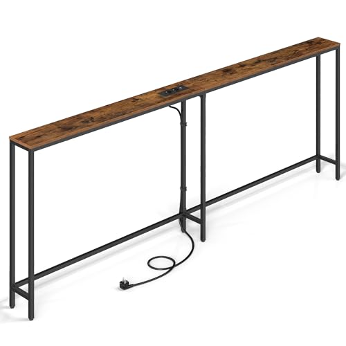 VASAGLE Table Console de 200 cm, Meuble d'Entrée Étroit avec 2 Prises AC et Ports USB, Bout de Canapé, Cadre en Acier, pour Couloir, Salon, Marron Rustique et Noir