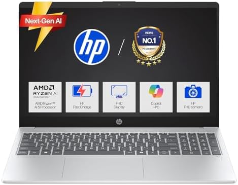 HP OmniBook 3 AMD Ryzen AI 5 330 Next Gen AI Laptop, (24GB DDR5, 1TB SSD), Anti-Glare,15.6”/39.6cm FHD, Win11,Office24, Silver,1.7kg, FHD Camera with Shutter, Fingerprint Reador, Backlit KB fn0074AU