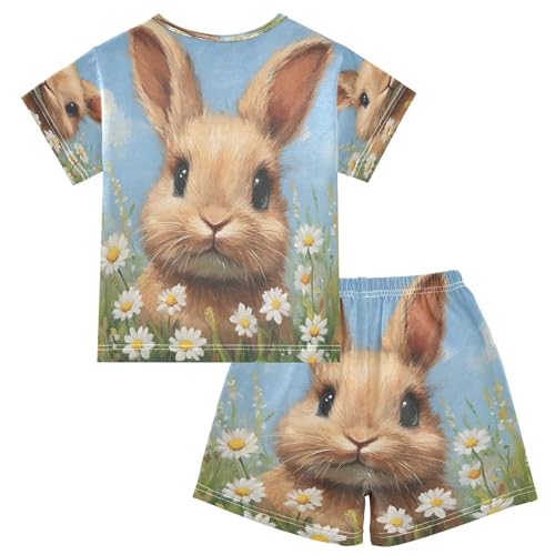 ALAZA Easter Rabbit Bunny Flower Watercolor Pajamas Set Short Sleeve Cotton Sleepwear Summer Pjs 2 Piece 5-14Y2