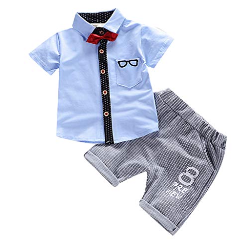 2PC Newborn Infant Baby Boy Outfits Set, Short Sleeve Bow Tie Top T-Shirt Sunglass Print Pants Hat Toddler Suit Light Blue