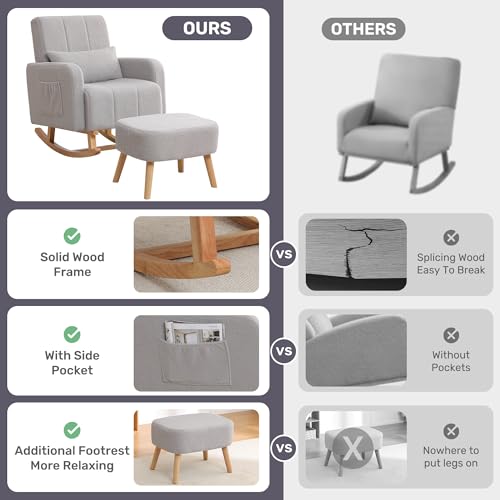 Image of HCHAIRH Nursery Rocking Chair with Ottoman, Upholstered Glider Rocker with High Backrest Side Pocket, Rocking Accent Armchair with Solid Wood Legs for Nursery, Living Room, Bedroom, Light Grey