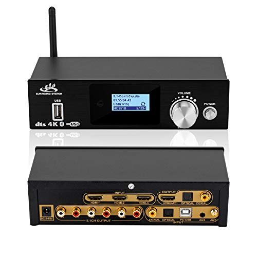 5.1 Decoder Separator for DTS AC3,Digital Analog Audio Video System HDMI 3 in 1 Out 4K×2K,Coaxial,Optical Fiber,AUX,U Disk,PC-USB Input, 192Khz/24Bit for Home Theater Game Music