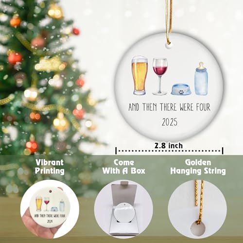 Image of and Then There were Four Ornament, Family of Four with Dog Ornament 2025, First Time Parents, from Dog Parent to Baby Christmas Ceramic