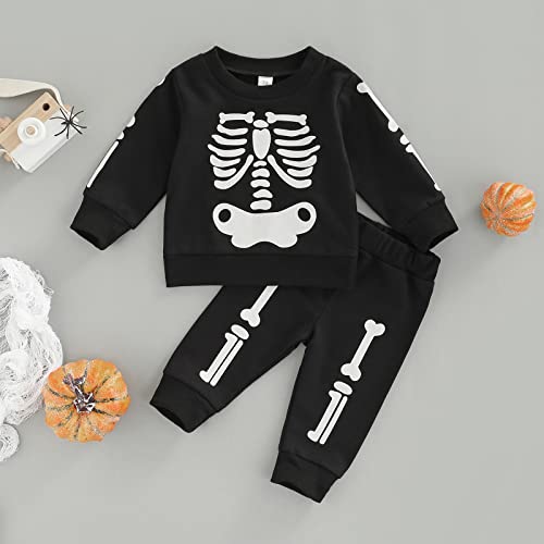 Kayotuas Baby Boy Girl Halloween Outfit Skeleton Long Sleeve Sweatshirt Top Pants Set Cute Skull Toddler Clothes Fall Outfits2
