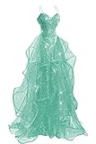 YUAOHUANG Spaghetti Straps Mint Green Sequin Formal Dresses Long Tulle Ball Gown for Wedding V Neck A Line Formal Sequin Prom Dress with Train for Girls S US4