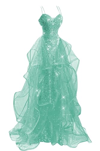 YUAOHUANG Spaghetti Straps Mint Green Sequin Formal Dresses Long Tulle Ball Gown for Wedding V Neck A Line Formal Sequin Prom Dress with Train for Girls S US4