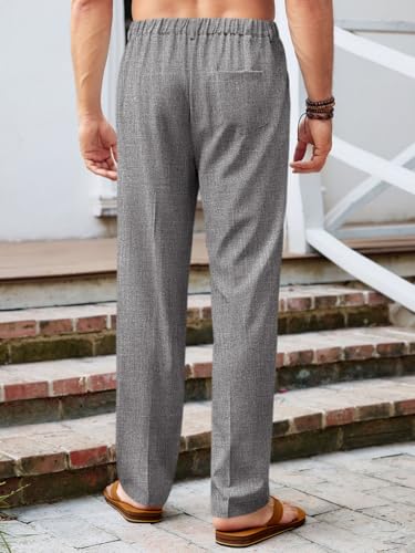 Image of Runcati Mens Casual Pants Elastic Waist Lightweight Loose Pleated Slacks | Summer Beach, Yoga Trousers, Button Closure, Straight Leg, With Pockets, Solid Color
