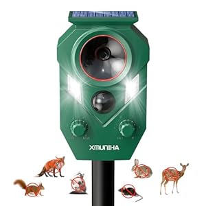 Solar Ultrasonic Animal Repellent Outdoor, Deer Repellent for Yard with RIP Sensor, IP65 Waterproof Squirrels Repeller, Effective Deterrent Cat, Raccoons, Skunks, Rabbits