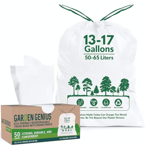 Image of Biodegradable 13-17 Gallon Code-Q Trash Bags (50 Pack) | Strong Heavy-Duty Tall White Kitchen Bags w /Drawstring | Fits Simplehuman & Standard Cans | Eco-Friendly D2W, 30 Micron Thick | 25.6 inch x 33.5 inch