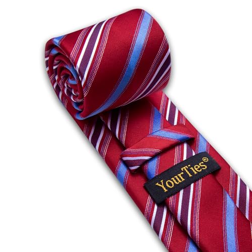 Image of YourTies Burgundy Ties for Men Striped Tie Woven Silk Necktie Handkerchief Cufflinks Set Formal Business Party Wedding