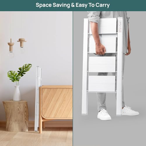 Image of Ladder 4 Step Folding,150KG Capacity Sturdy Ladder Small Stool for Adults, Closet Step Stool Anti-Slip Wide Pedals, Portable Folding for Home Kitchen Office (4 Step - White)