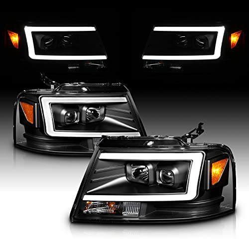 AmeriLite for 2004-2008 Ford F150 C-Type LED Tube Square Projector Black Housing Headlights Assembly Pair - Driver and Passenger Side