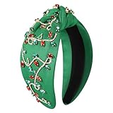 boderier Christmas Headbands for Women Christmtas Lights Headband Jeweled Crystal Embellished Wide Knotted Headband Xmas Holiday Accessories Gifts (Green-Rhinestone Lights)