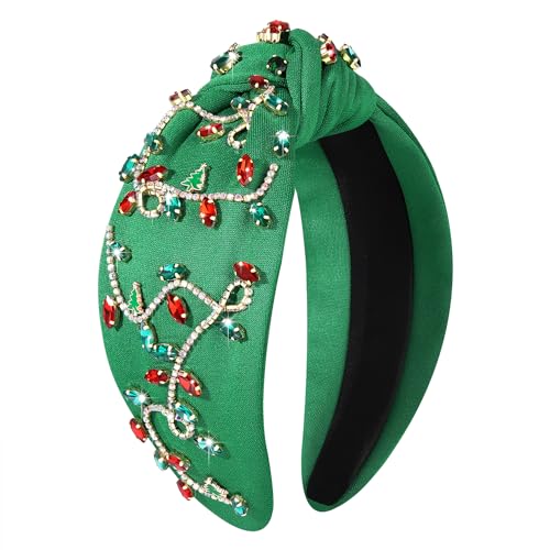 boderier Christmas Headbands for Women Christmtas Lights Headband Jeweled Crystal Embellished Wide Knotted Headband Xmas Holiday Accessories Gifts (Green-Rhinestone Lights)