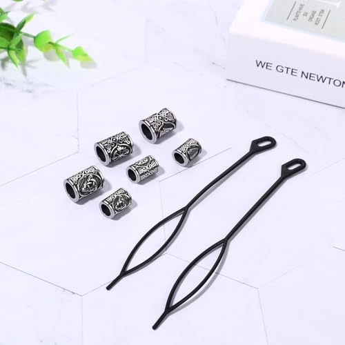 Cupimatch Wikinger Bartperlen Haarperlen Set: Edelstahl Haar- und Bartschmuck keltische 6Pcs Runen Perlen in 2 Größen mit Haarfädler DIY Dreadlock Schmuck Unisex Wikinger Haarschmuck für Frauen Männer