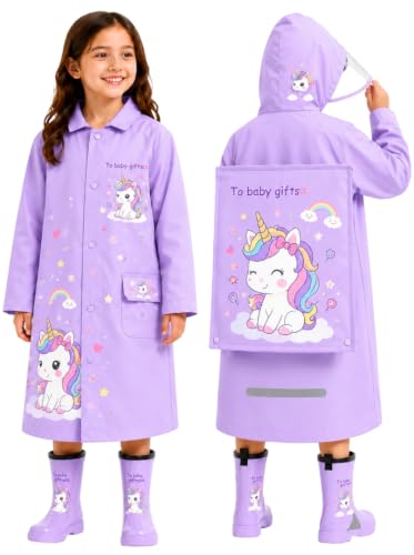 Image of Krystle Kids Glow Cartoon Print Raincoat with Bag Cover | Waterproof Zipper Rain Jacket for Boys n Girls | School Raincoat with Reflective Strip for Kids (Purple,Multisize)