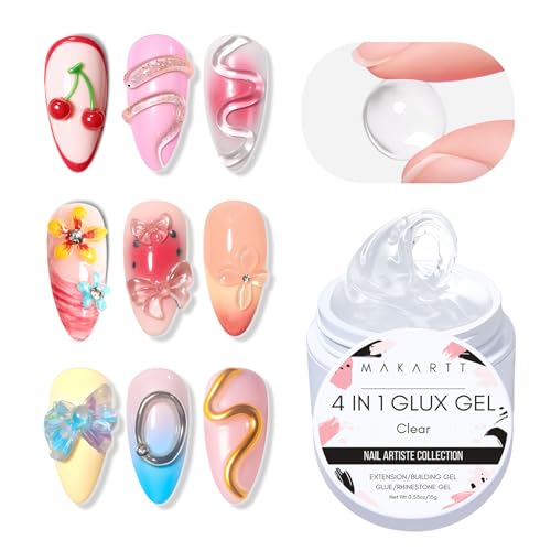 Makartt 3D Gel Nail Art: Clear Solid Builder Nail Gel 4 in 1 Non-sticky for Extension UV Glue for Acrylic Nails Rhinestones 3D sculpting Hard Gels UV/LED Lamp Required 15ml