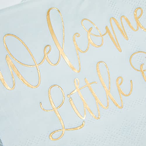 50 Pack Light Blue Baby Shower Cocktail Napkins For Boy, Gold Foil Welcome Script Design, Gender Reveal Party Supplies (5X5 In) #TOP2