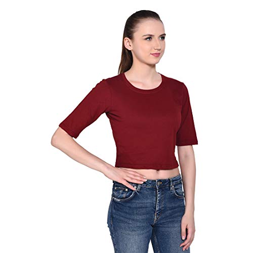 Image of Geum Women's Cotton Round Neck Half Sleeve Maroon Crop Top (Maroon, Large)
