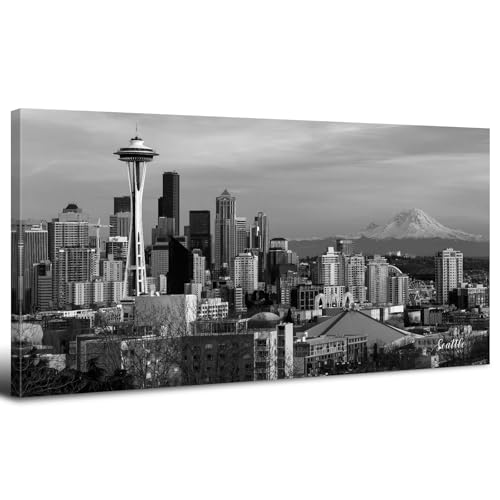 Seattle Skyline Wall Art Black and White City Canvas Pictures for Living Room Space Needle Panorama Cityscape Night View Painting Poster Modern Urban Scape Artwork for Bedroom Home Decorations 20x40"