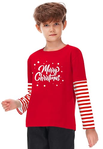 Image of Remimi Unisex Kids Christmas Long Sleeve Shirt Xmas Print Stripe Shirts 2-12 Years