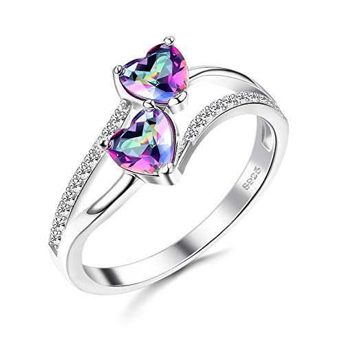 Milacolato 925 Sterling Silver Promise Ring For Her 18K White Gold Plated Double Stone Ring Heart Birthstones Toi Et Moi Engagement Ring Jewelry Size 7 #TOP17