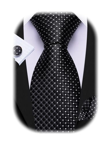 Image of Barry.Wang Plaid Ties Check Mens Necktie Set with Handkerchief Cufflinks Classic Stripe