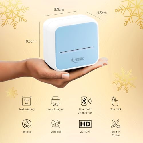 Image of SEZNIK Mini Printer, Inkless, Bluetooth, Portable Printer, Compatible with Android, iOS Mobile. 1 Year Warranty (MiniX-Blue-Gift)