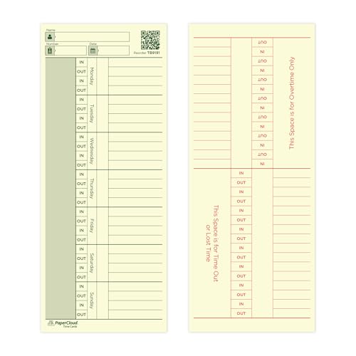 PaperCloud Weekly Time Cards, Single Sided, 3 1/2 x 9, 220 pk, 220 Pack Compatible TimeCards for Acroprint, uPunch, Lathem, Pyramid, Amano & More