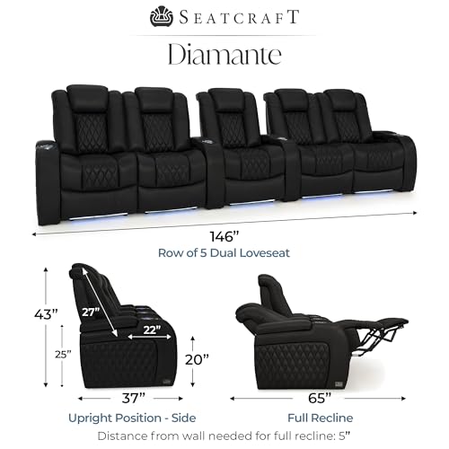 Image of Seatcraft Diamante Black Italian Leather Home Theater Seating, Zero Gravity Power Recliner Gaming and Home Office Chair, Powered Headrest Lounge Sofa Furniture for Cinema Room, Row of 5 Dual Loveseats